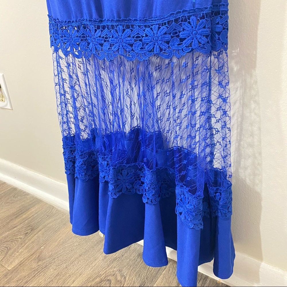 New Bell Sleeve Mesh Fit and Flare Royal Blue Women’s Formal Dress - Picture 9 of 10